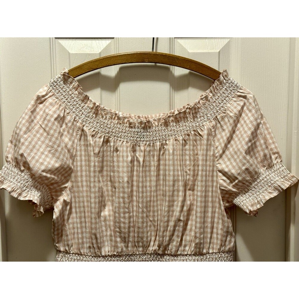 J.Crew Smocked 100% Cotton Puff-Sleeve Lined Poplin Dress Tan White Gingham Sz M - Picture 6 of 16
